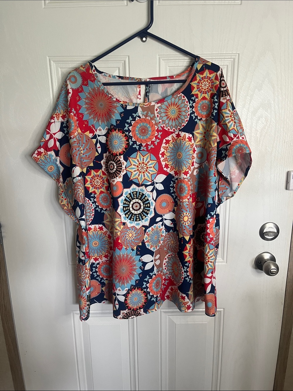 SHEIN Navy and Coral Geometric Floral Short Sleeve Blouse